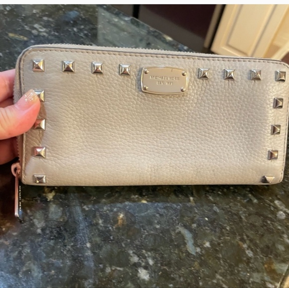 Michael Kors Taupe Leather Silver Studded Zip-Around Wallet - Picture 7 of 9